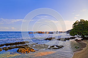 Tropical beach in Seychelles at sunset