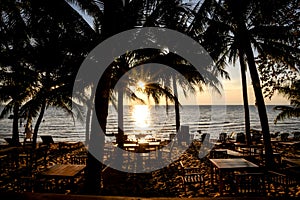 Tropical beach short before sunset time with sunrays