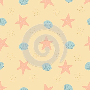 Tropical beach simple seamless pattern. Vector background with starfish and seashells on the sandy shore