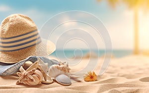 Tropical beach with straw hat and starfish in the sand, space for copy text.