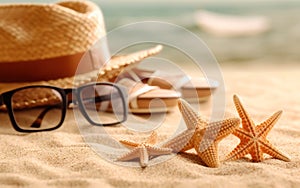 Tropical beach with straw hat and starfish in the sand, space for copy text.