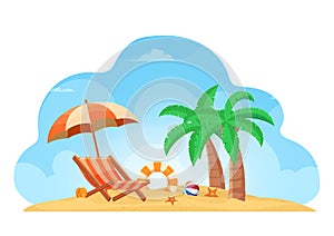 Tropical beach summer background with chair umbrella slipper life ring coconut tree ball starfish