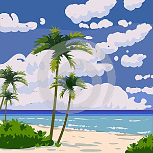 Tropical beach summer resort, seashore sand, palms, waves. Ocean, sea exotical beach landscape, clouds, nature. Vector