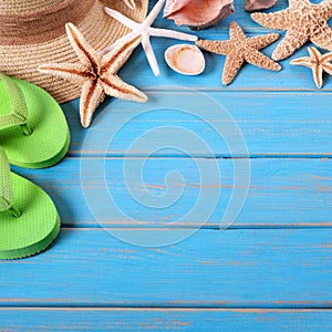 Tropical beach summer starfish flip flops background border square