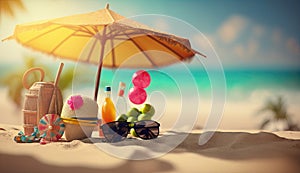 Tropical beach with sunbathing accessories, sunglasses, summer holiday concept background