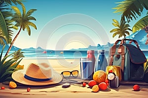 Tropical beach with sunbathing accessories, sunglasses, summer holiday concept background