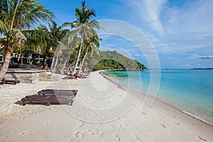 Tropical beach with sunbeds, green coconut palms and white sand near the turquoise sea