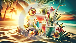 Tropical Beach Sunset with Exotic Cocktails, AI Generated