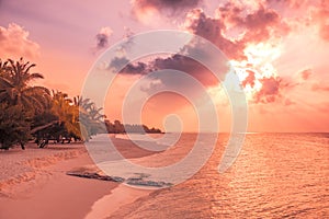 Relaxing and calm sea view and beach scene. Open ocean water and sunset sky and palm trees. Tranquil nature background