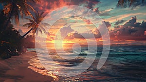 Tropical beach sunset with palm trees and colorful sky