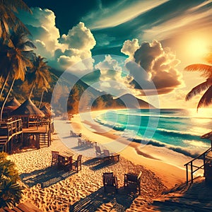 Tropical beach at sunset with palm trees and sunbeds