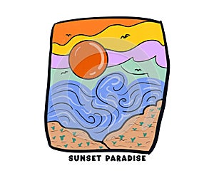 Tropical Beach Sunset Paradise graphics design.
