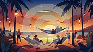 Tropical Beach Sunset with Relaxing Vacationers and Hammock photo