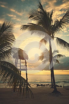 Tropical beach at sunset, summer vacation concept, color toning applied