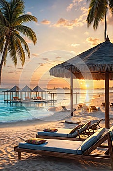 Tropical beach, sunset white sand blue ocean sun loungers