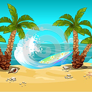Tropical beach. Surfboard. Vector cartoon close-up illustration.