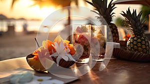 a tropical beach table setting at the restaurant, AI-Generated