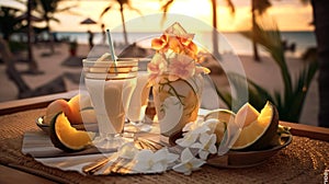a tropical beach table setting at the restaurant, AI-Generated