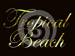 Tropical beach. Text with curls of palm leaves. Beautiful writing on a black background. Vector