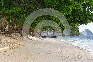 Tropical beach with trees and white sand. Seascape with isles on background. Vacation and relax background. Tropic paradise.