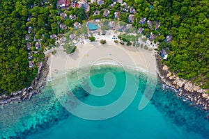 Tropical beach with turquoise ocean in paradise island. Aerial view