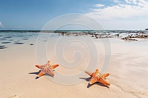 Tropical beach with two red sea stars on sand, summer holiday background. Free space for text