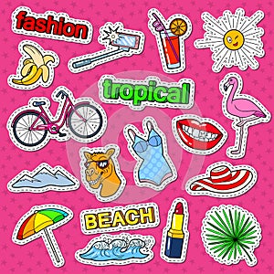 Tropical Beach Vacation Doodle with Flamingo, Lips and Cocktail. Summer Holidays Stickers, Badges and Patches