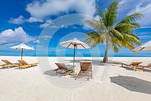 Tranquil beach scene. Exotic tropical leisure resort, landscape for background, wallpaper. Design of summer vacation holiday