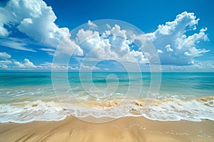 Tropical beach with vibrant blue sky and fluffy clouds