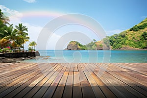 Tropical beach view with rainbow over sea complements empty wooden tabletop