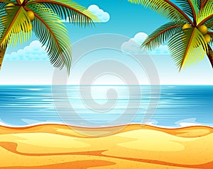 The tropical beach view with the sandy beach and two coconut tree in both sides