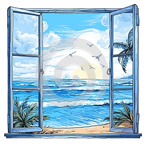 Tropical beach view from the window, vector hand drawn illustration