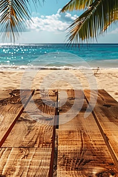 Tropical Beach View Through Wooden Planks with Palm Leaves, Blue Ocean, and White Sand Background
