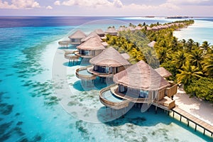 Tropical beach with water bungalows at Maldives, Perfect aerial landscape, luxury tropical resort or hotel with water villas and