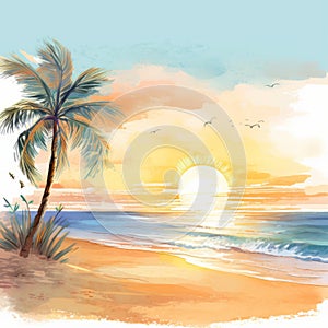 Tropical Beach Watercolor Painting With Palm Tree Sun