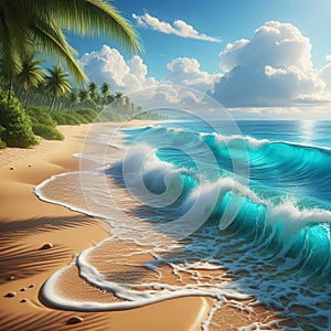 Tropical beach waves gently lapping against the shore, photora photo