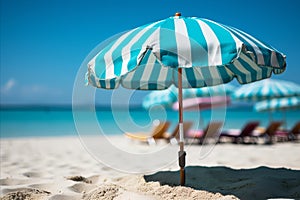 Tropical beach with waves, palm trees, umbrellas ideal for showcasing beverages or tropical items.