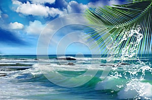 Tropical   beach white  sand blue sea water birds on  sky white clouds  sunshine palm tree branch  summer landscape  summer umbrel