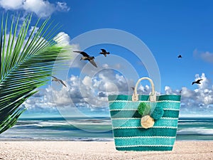 Tropical   beach white  sand blue sea water birds on  sky white clouds  sunshine palm tree branch  summer landscape  summer umbrel