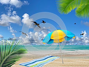 Tropical   beach white  sand blue sea water birds on  sky white clouds  sunshine palm tree branch  summer landscape  summer umbrel