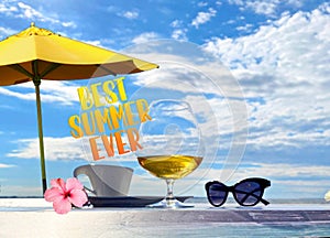 Tropical   beach white  sand blue sea water  sky white clouds  sunshine palm tree branch   summer umbrella  sunglass , cup of coff