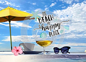 Tropical   beach white  sand blue sea water  sky white clouds  sunshine palm tree branch   summer umbrella  sunglass , cup of coff