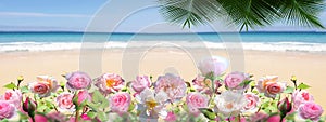 Tropical beach with white sand, palm trees, turquoise ocean against a blue sky with clouds  beautiful flowers on a sunny summer d