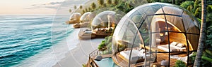 Tropical Beachfront Geo-Domes on a beachfront. Eco-friendly igloo hotel. banner