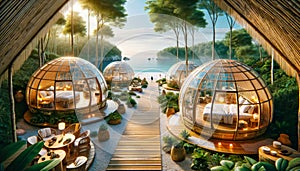 Tropical Beachfront Geodesic Dome Resort.Eco-friendly igloo hotel crafted from sustainable materials like bamboo and recycled