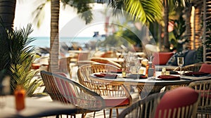 Tropical Beachside Restaurant Table Setting with Wicker Chairs