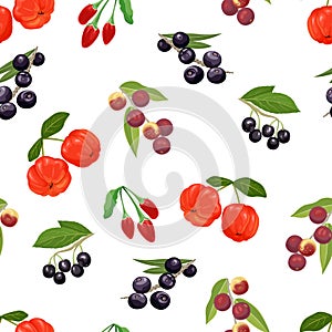 Tropical berry seamless pattern. Acerola, maqui berry, acai, goji and green leaves isolated