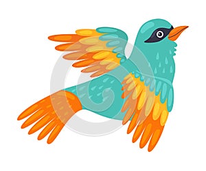Tropical Bird, Beautiful Birdie with Bright Colorful Turquoise and Orange Plumage Vector Illustration