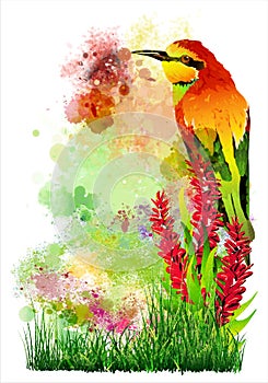 Tropical bird on flowers on the background of multicolored paint splashes.