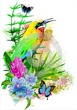 Tropical bird on flowers with butterflies on the background of multicolored paint splashes.